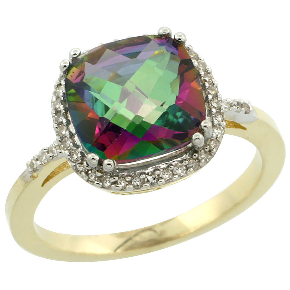 10K Yellow Gold Diamond Natural Mystic Topaz Ring Cushion-cut 9x9mm, sizes 5-10