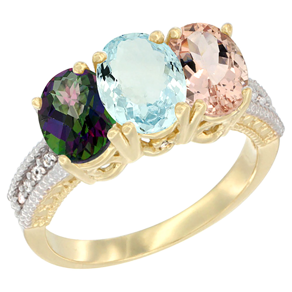 14K Yellow Gold Natural Mystic Topaz, Aquamarine & Morganite Ring 3-Stone 7x5 mm Oval Diamond Accent, sizes 5 - 10