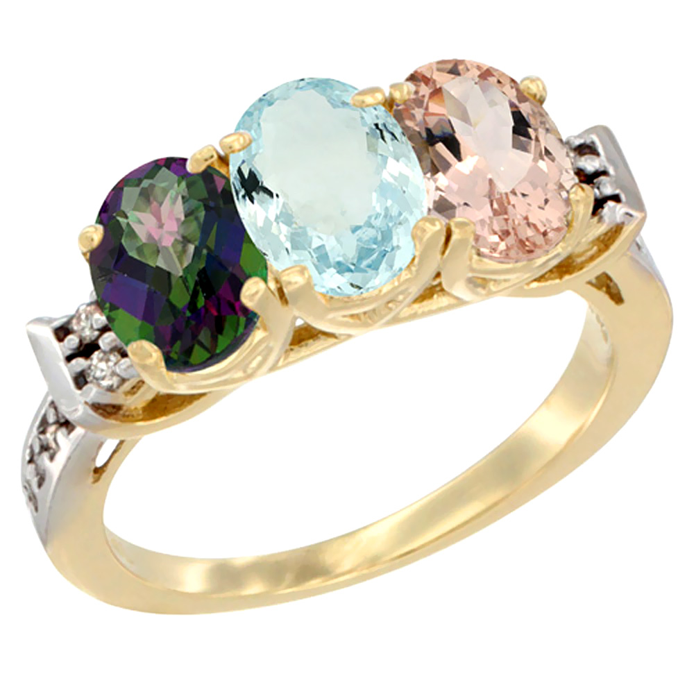 10K Yellow Gold Natural Mystic Topaz, Aquamarine &amp; Morganite Ring 3-Stone Oval 7x5 mm Diamond Accent, sizes 5 - 10