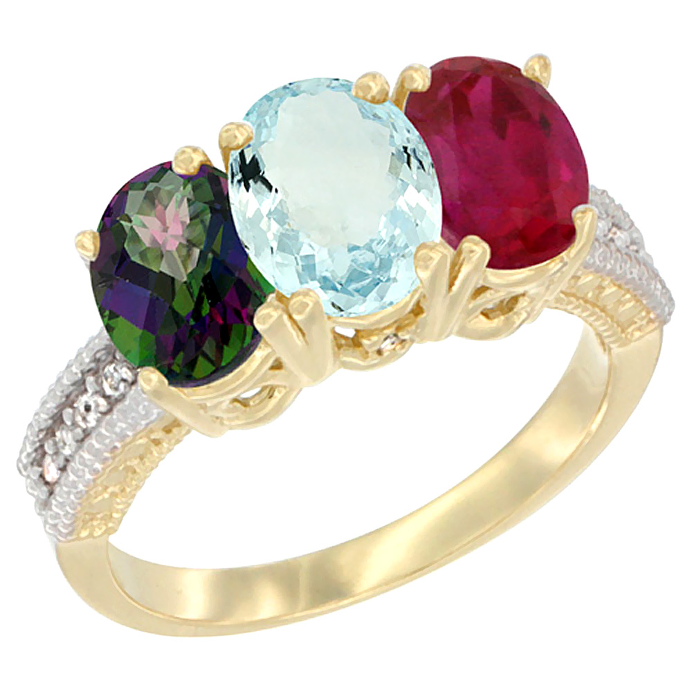 10K Yellow Gold Diamond Natural Mystic Topaz, Aquamarine & Enhanced Ruby Ring 3-Stone 7x5 mm Oval, sizes 5 - 10