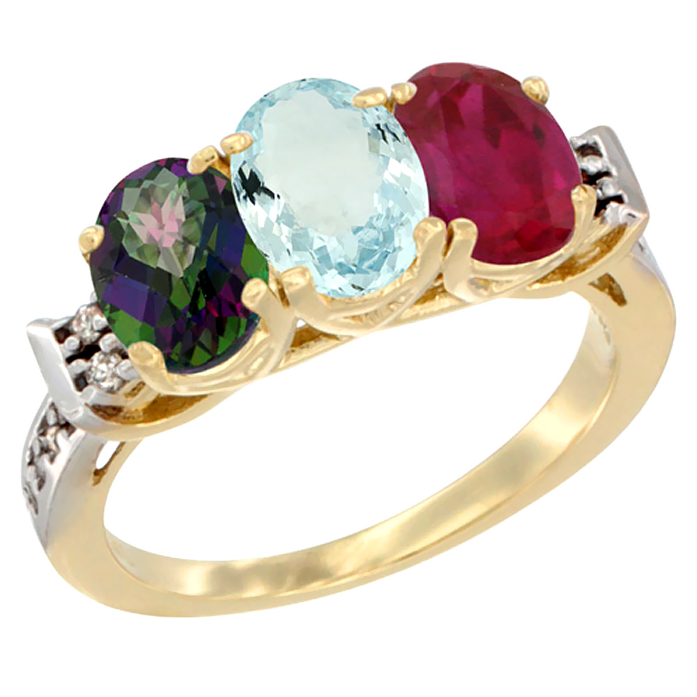 10K Yellow Gold Natural Mystic Topaz, Aquamarine &amp; Enhanced Ruby Ring 3-Stone Oval 7x5 mm Diamond Accent, sizes 5 - 10