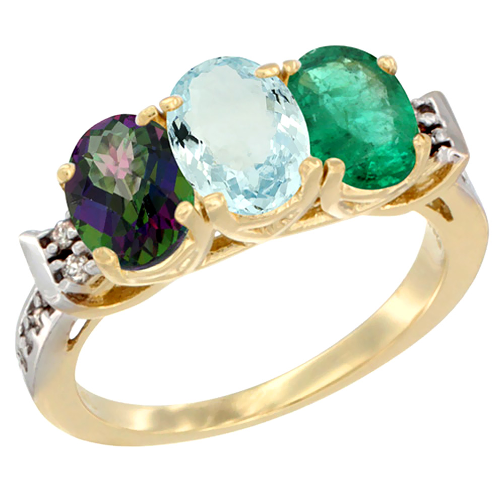 10K Yellow Gold Natural Mystic Topaz, Aquamarine &amp; Emerald Ring 3-Stone Oval 7x5 mm Diamond Accent, sizes 5 - 10