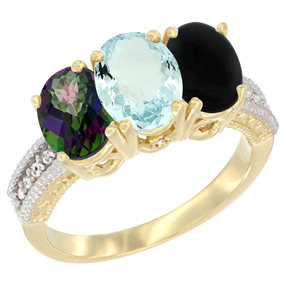 14K Yellow Gold Natural Mystic Topaz, Aquamarine &amp; Black Onyx Ring 3-Stone 7x5 mm Oval Diamond Accent, sizes 5 - 10