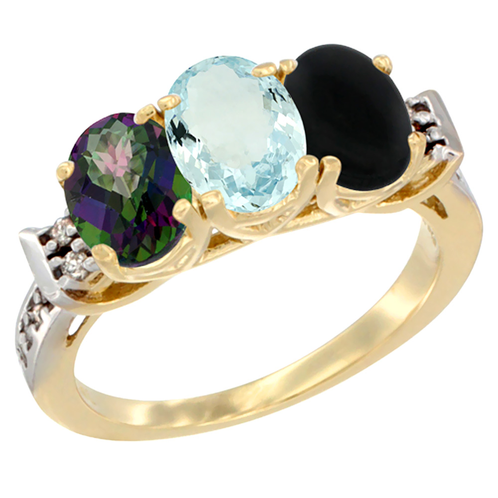 14K Yellow Gold Natural Mystic Topaz, Aquamarine & Black Onyx Ring 3-Stone Oval 7x5 mm Diamond Accent, sizes 5 - 10