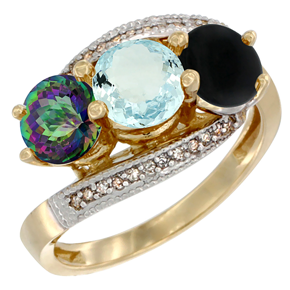 14K Yellow Gold Natural Mystic Topaz, Aquamarine & Black Onyx 3 stone Ring Round 6mm Diamond Accent, sizes 5 - 10