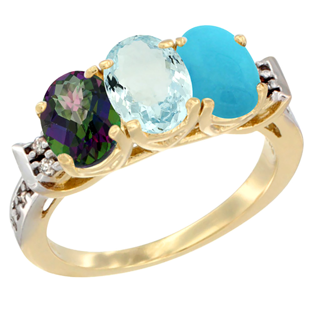 14K Yellow Gold Natural Mystic Topaz, Aquamarine &amp; Turquoise Ring 3-Stone Oval 7x5 mm Diamond Accent, sizes 5 - 10