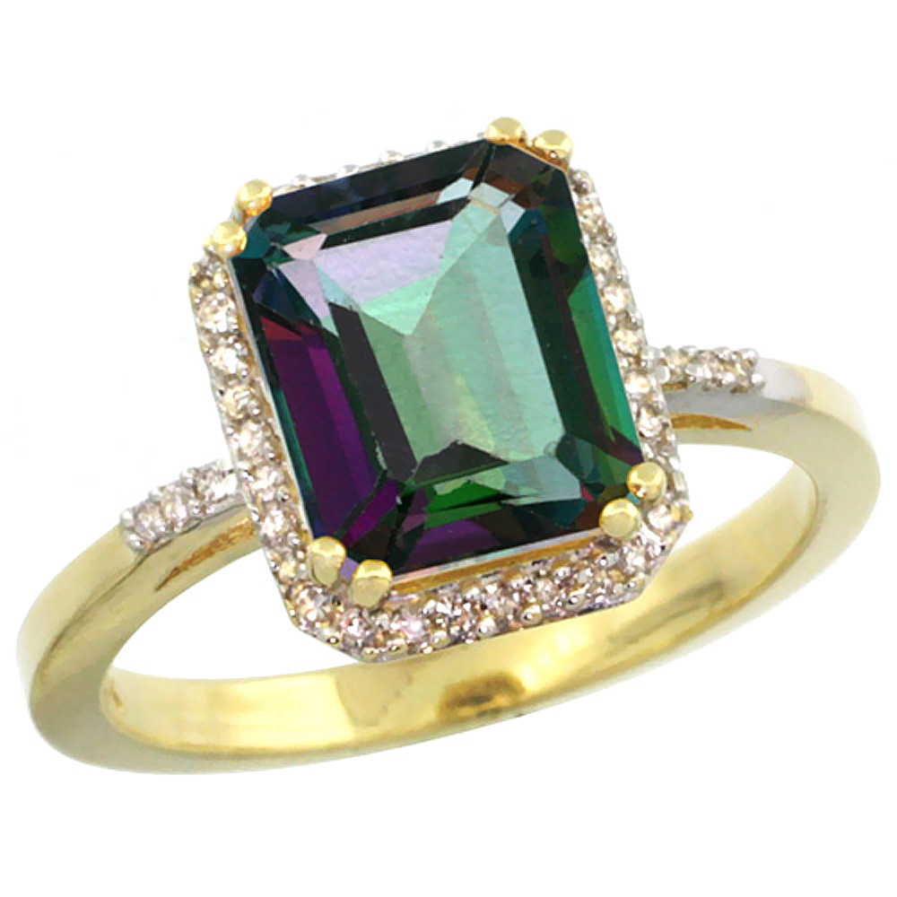 14K Yellow Gold Diamond Natural Mystic Topaz Ring Emerald-cut 9x7mm, sizes 5-10