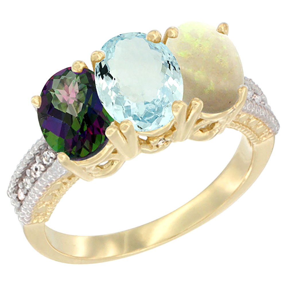 14K Yellow Gold Natural Mystic Topaz, Aquamarine & Opal Ring 3-Stone 7x5 mm Oval Diamond Accent, sizes 5 - 10