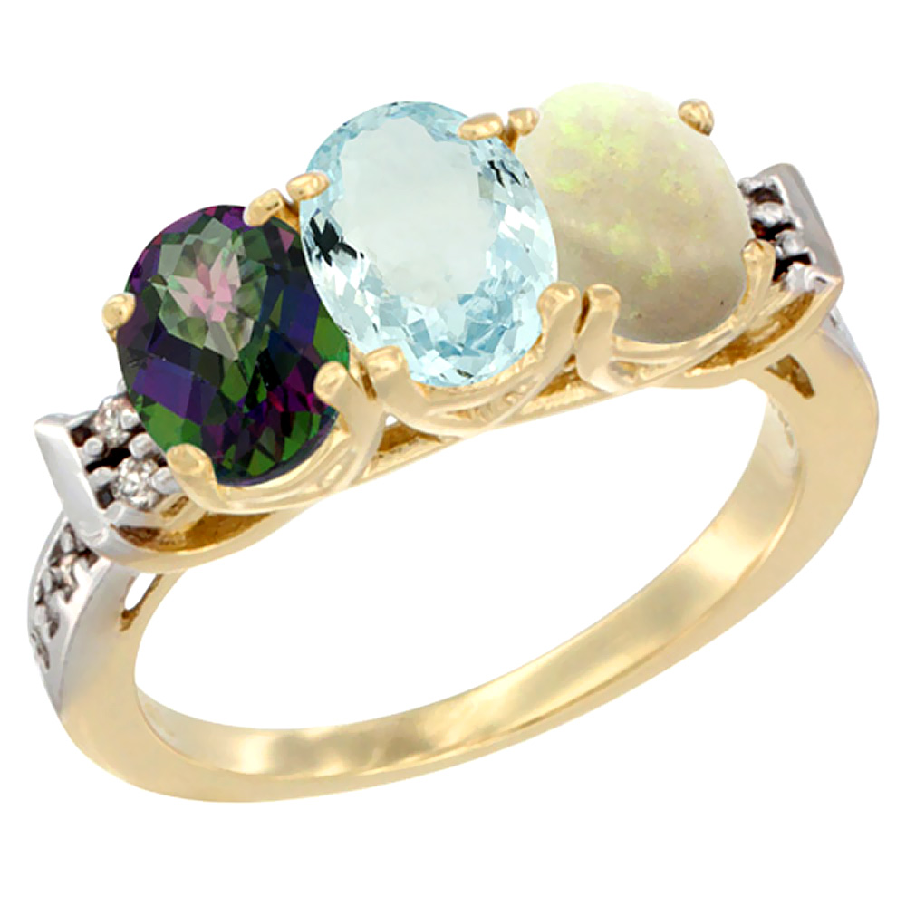 10K Yellow Gold Natural Mystic Topaz, Aquamarine & Opal Ring 3-Stone Oval 7x5 mm Diamond Accent, sizes 5 - 10