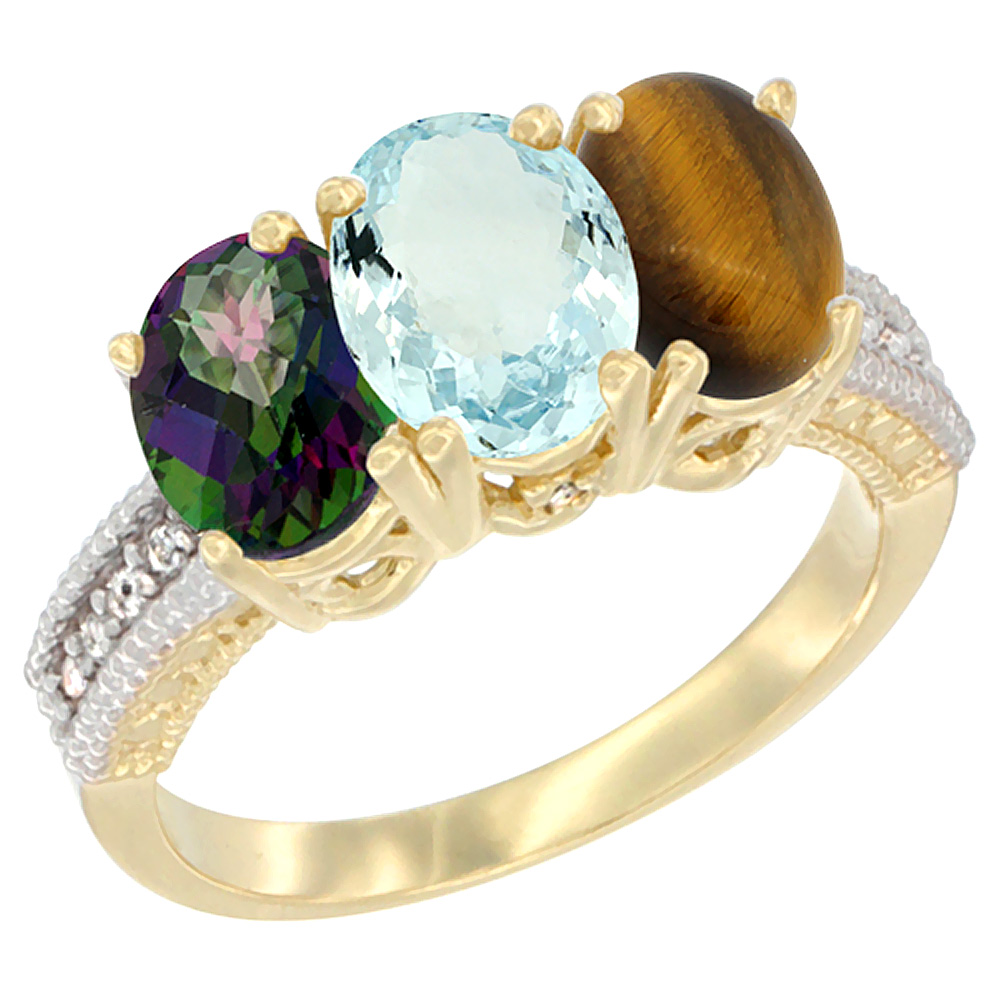 10K Yellow Gold Diamond Natural Mystic Topaz, Aquamarine &amp; Tiger Eye Ring 3-Stone 7x5 mm Oval, sizes 5 - 10