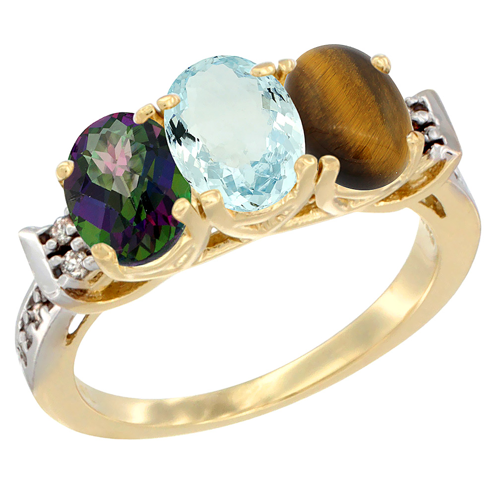 10K Yellow Gold Natural Mystic Topaz, Aquamarine &amp; Tiger Eye Ring 3-Stone Oval 7x5 mm Diamond Accent, sizes 5 - 10