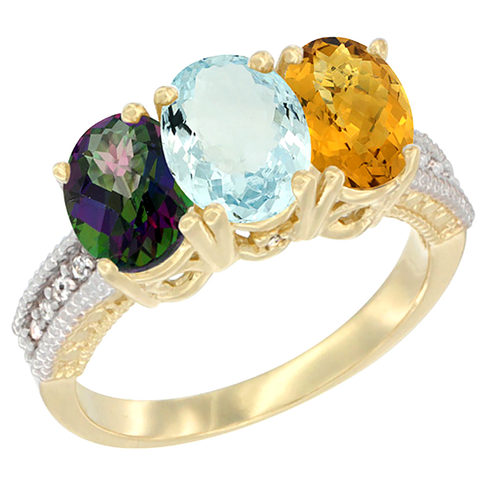 10K Yellow Gold Diamond Natural Mystic Topaz, Aquamarine &amp; Whisky Quartz Ring 3-Stone 7x5 mm Oval, sizes 5 - 10