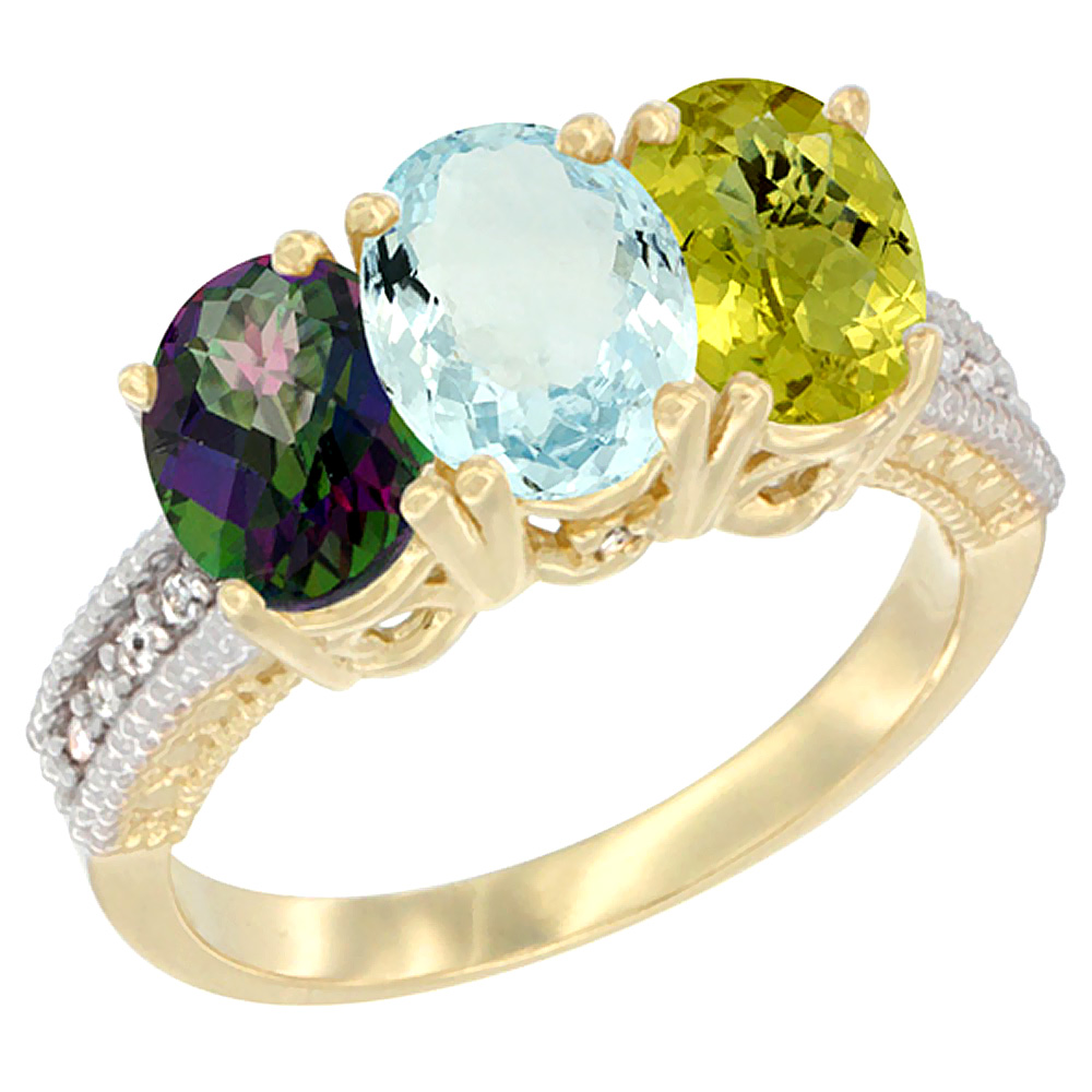 10K Yellow Gold Diamond Natural Mystic Topaz, Aquamarine &amp; Lemon Quartz Ring 3-Stone 7x5 mm Oval, sizes 5 - 10