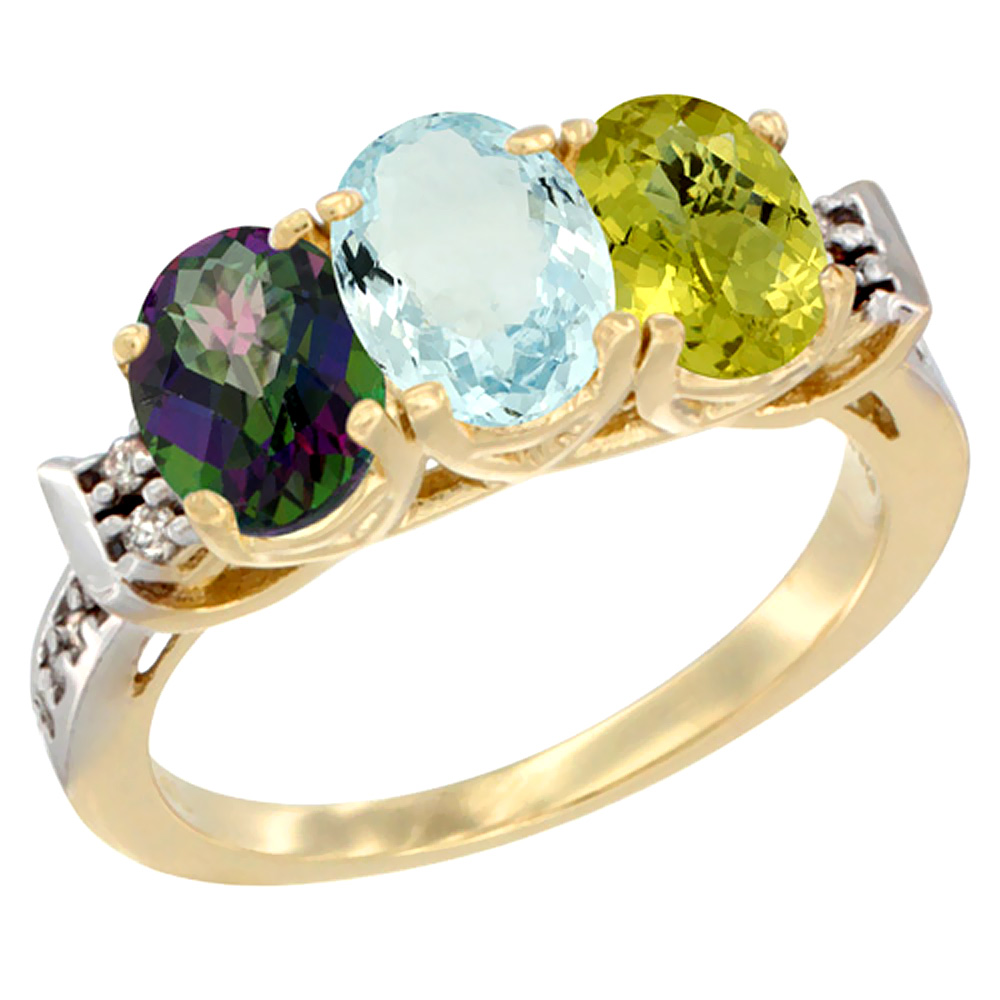 10K Yellow Gold Natural Mystic Topaz, Aquamarine &amp; Lemon Quartz Ring 3-Stone Oval 7x5 mm Diamond Accent, sizes 5 - 10