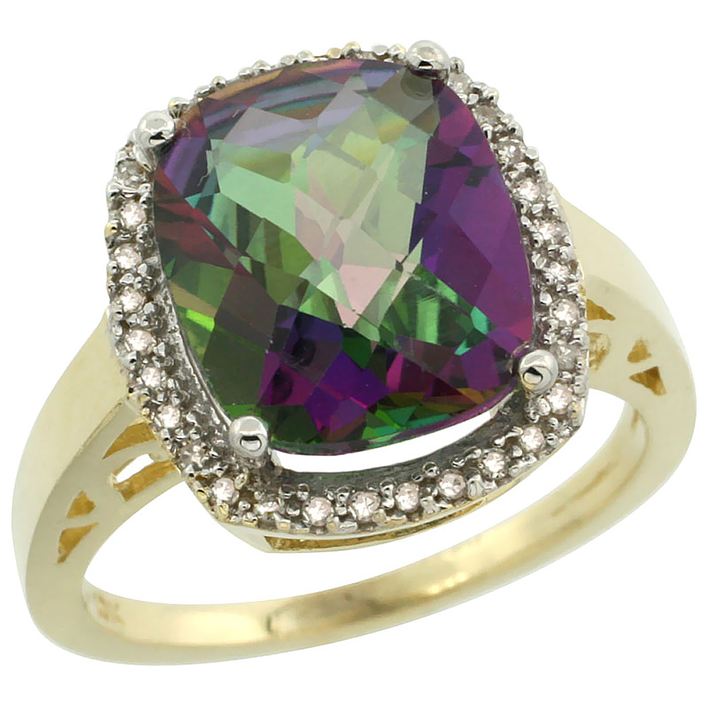 10K Yellow Gold Natural Diamond Mystic Topaz Ring Cushion-cut 12x10mm, sizes 5-10