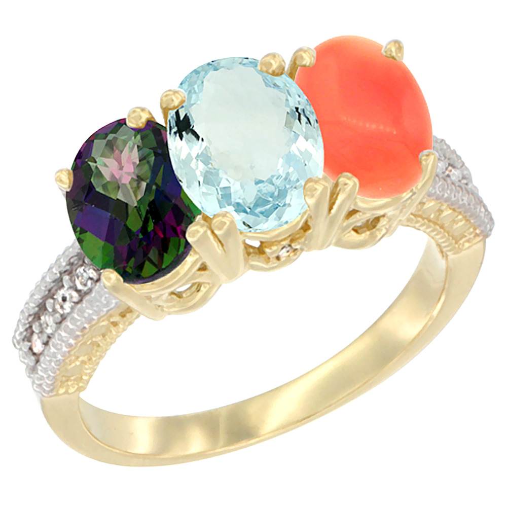 10K Yellow Gold Diamond Natural Mystic Topaz, Aquamarine &amp; Coral Ring 3-Stone 7x5 mm Oval, sizes 5 - 10