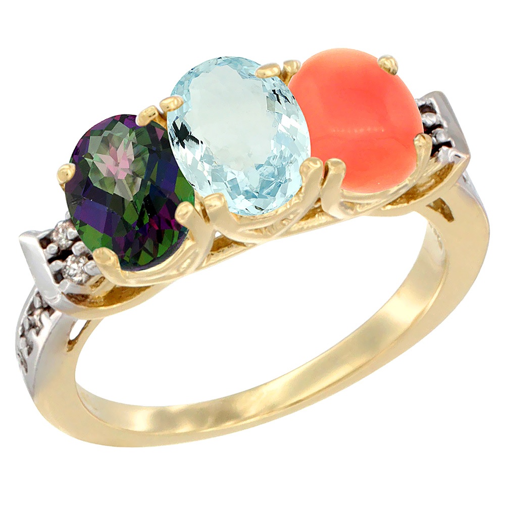 10K Yellow Gold Natural Mystic Topaz, Aquamarine & Coral Ring 3-Stone Oval 7x5 mm Diamond Accent, sizes 5 - 10
