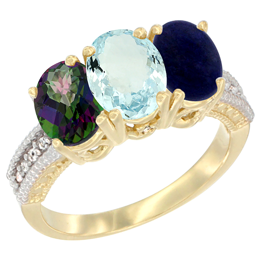 10K Yellow Gold Diamond Natural Mystic Topaz, Aquamarine & Lapis Ring 3-Stone 7x5 mm Oval, sizes 5 - 10