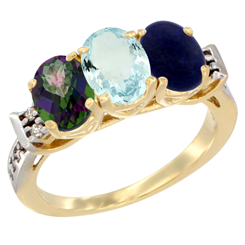 14K Yellow Gold Natural Mystic Topaz, Aquamarine &amp; Lapis Ring 3-Stone Oval 7x5 mm Diamond Accent, sizes 5 - 10