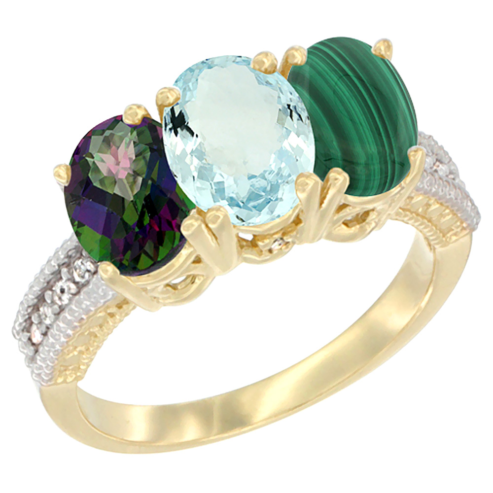 10K Yellow Gold Diamond Natural Mystic Topaz, Aquamarine & Malachite Ring 3-Stone 7x5 mm Oval, sizes 5 - 10