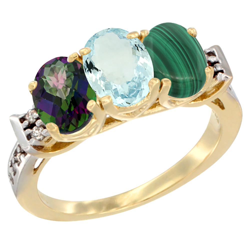 10K Yellow Gold Natural Mystic Topaz, Aquamarine & Malachite Ring 3-Stone Oval 7x5 mm Diamond Accent, sizes 5 - 10