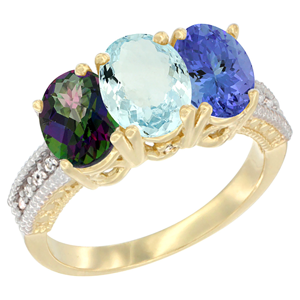 14K Yellow Gold Natural Mystic Topaz, Aquamarine & Tanzanite Ring 3-Stone 7x5 mm Oval Diamond Accent, sizes 5 - 10