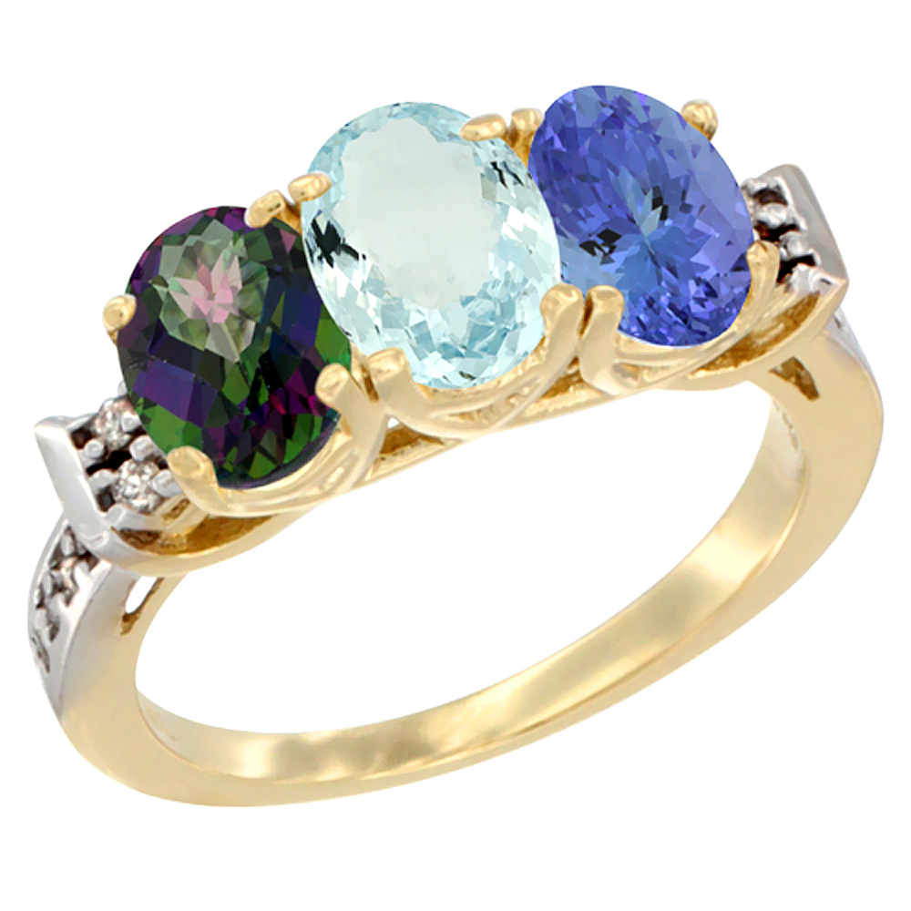 10K Yellow Gold Natural Mystic Topaz, Aquamarine & Tanzanite Ring 3-Stone Oval 7x5 mm Diamond Accent, sizes 5 - 10