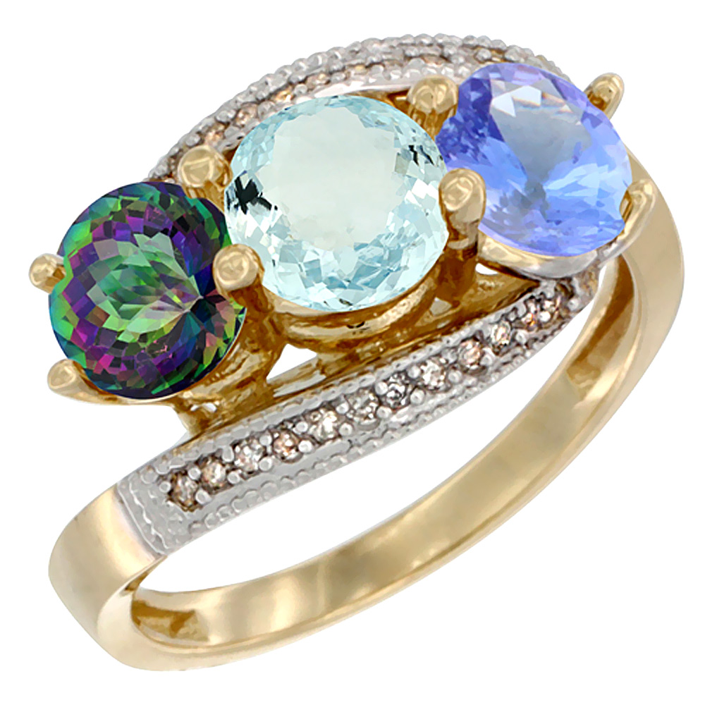 10K Yellow Gold Natural Mystic Topaz, Aquamarine & Tanzanite 3 stone Ring Round 6mm Diamond Accent, sizes 5 - 10