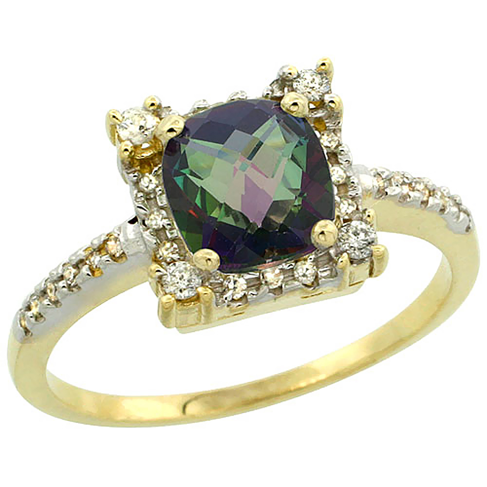 14K Yellow Gold Natural Mystic Topaz Ring Cushion-cut 6x6mm Diamond Halo, sizes 5-10