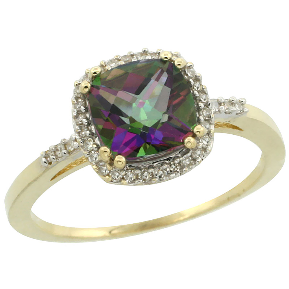 10K Yellow Gold Diamond Natural Mystic Topaz Ring Cushion-cut 7x7mm, sizes 5-10