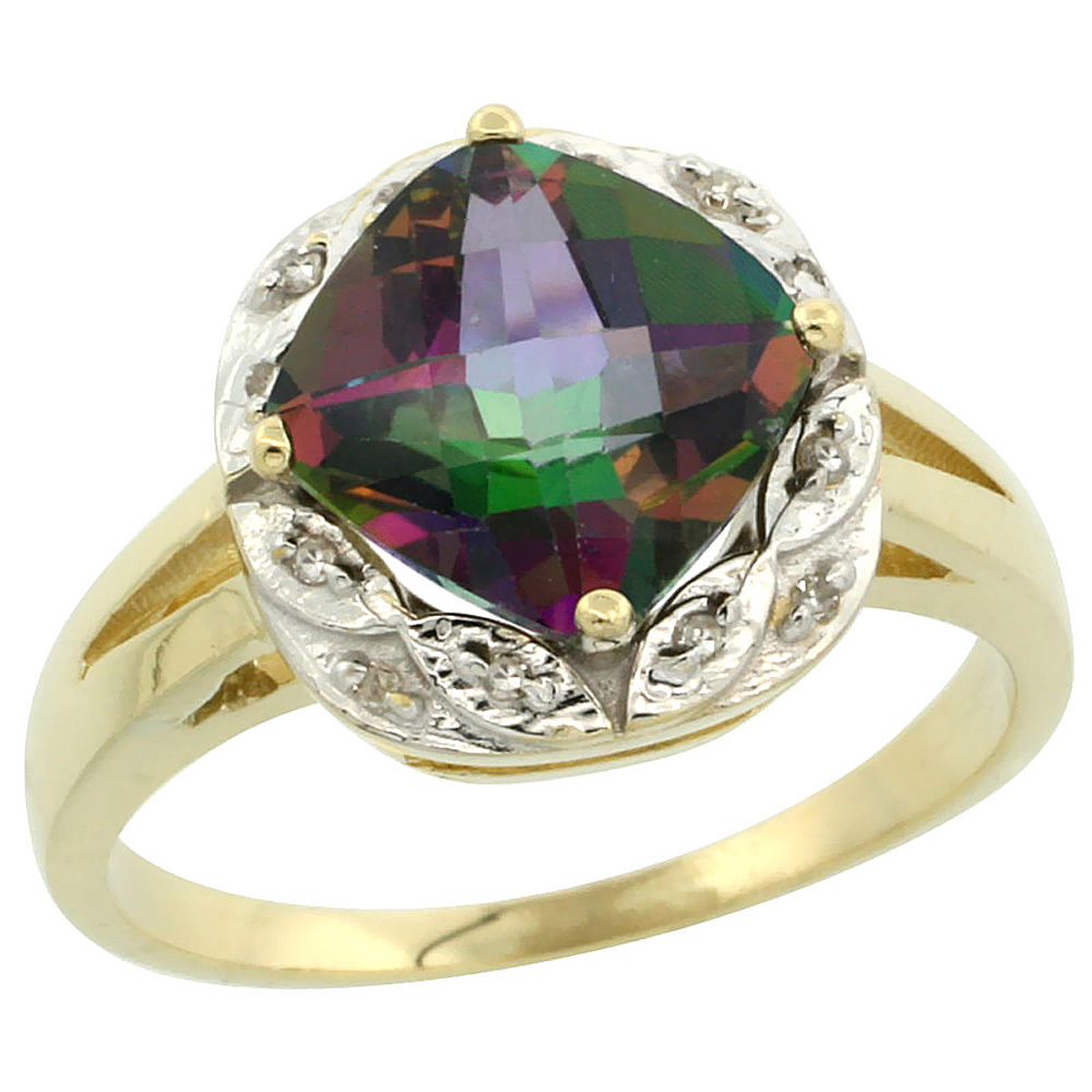 10k Yellow Gold Natural Mystic Topaz Ring Cushion-cut 8x8mm Diamond Halo, sizes 5-10