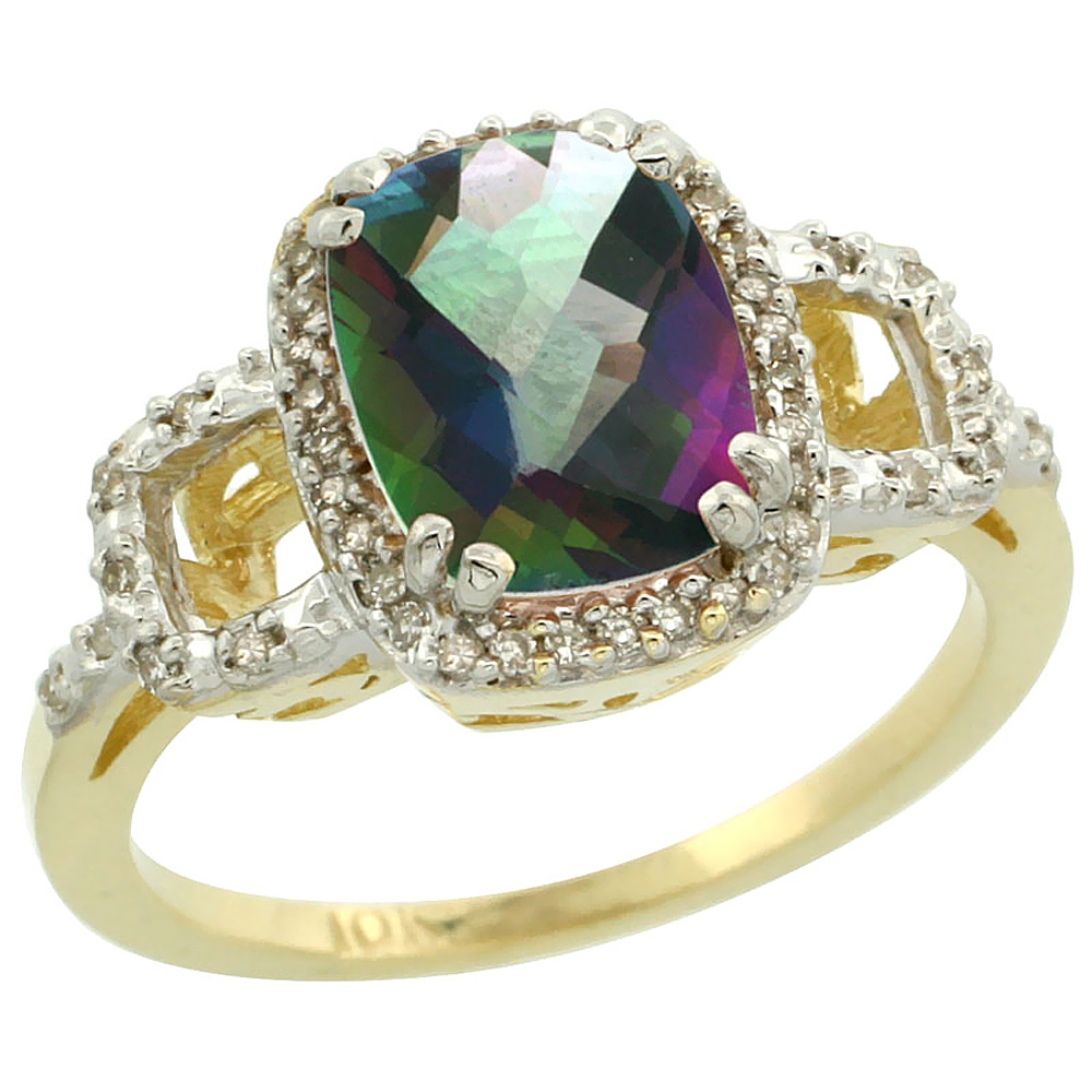 14K Yellow Gold Natural Diamond Mystic Topaz Ring Cushion-cut 9x7mm, sizes 5-10