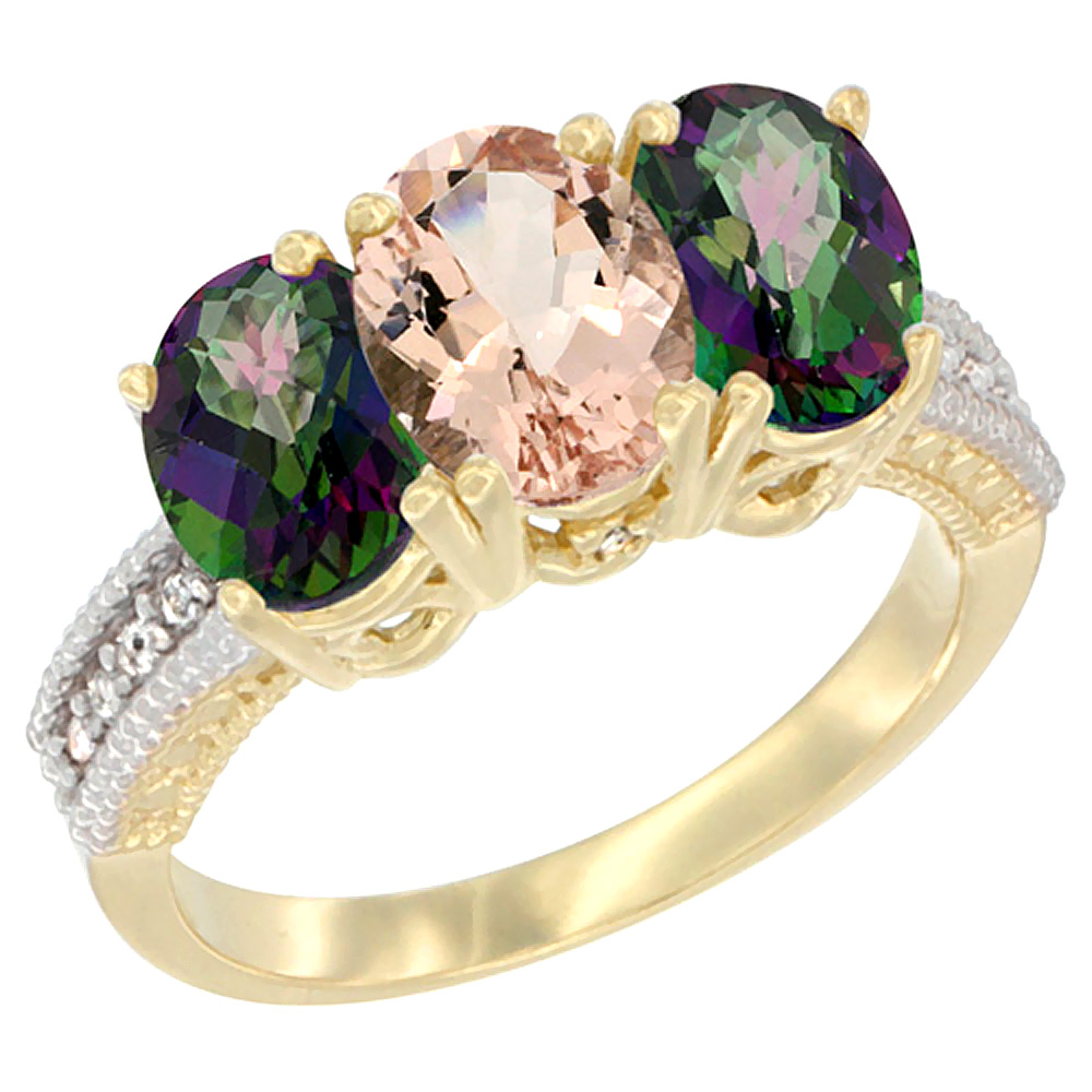 10K Yellow Gold Diamond Natural Morganite & Mystic Topaz Ring 3-Stone 7x5 mm Oval, sizes 5 - 10