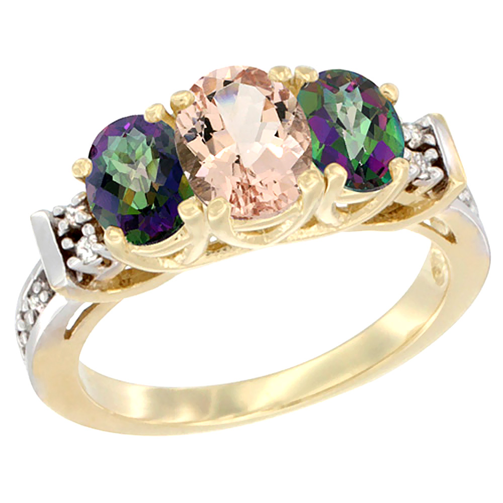 14K Yellow Gold Natural Morganite &amp; Mystic Topaz Ring 3-Stone Oval Diamond Accent