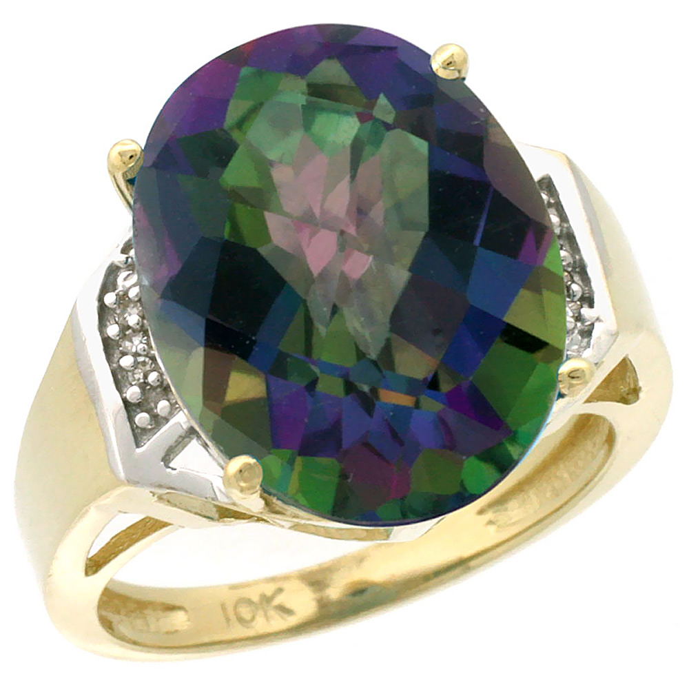 10K Yellow Gold Natural Diamond Mystic Topaz Ring Oval 16x12mm, sizes 5-10