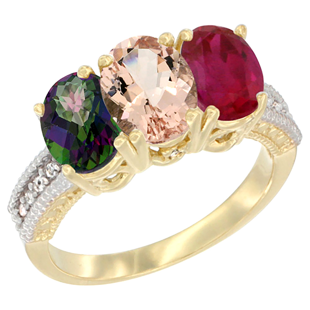 10K Yellow Gold Diamond Natural Mystic Topaz, Morganite &amp; Enhanced Ruby Ring 3-Stone 7x5 mm Oval, sizes 5 - 10