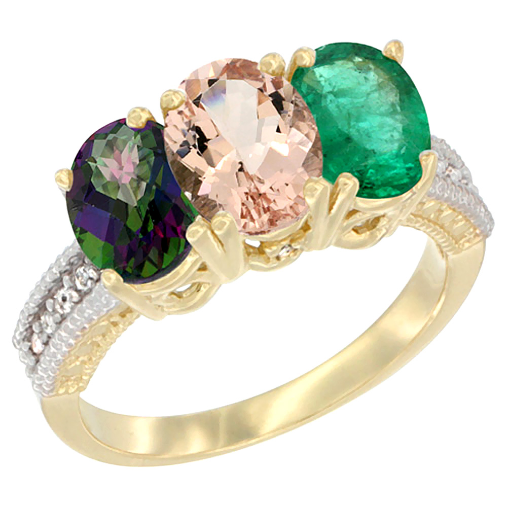 10K Yellow Gold Diamond Natural Mystic Topaz, Morganite & Emerald Ring 3-Stone 7x5 mm Oval, sizes 5 - 10