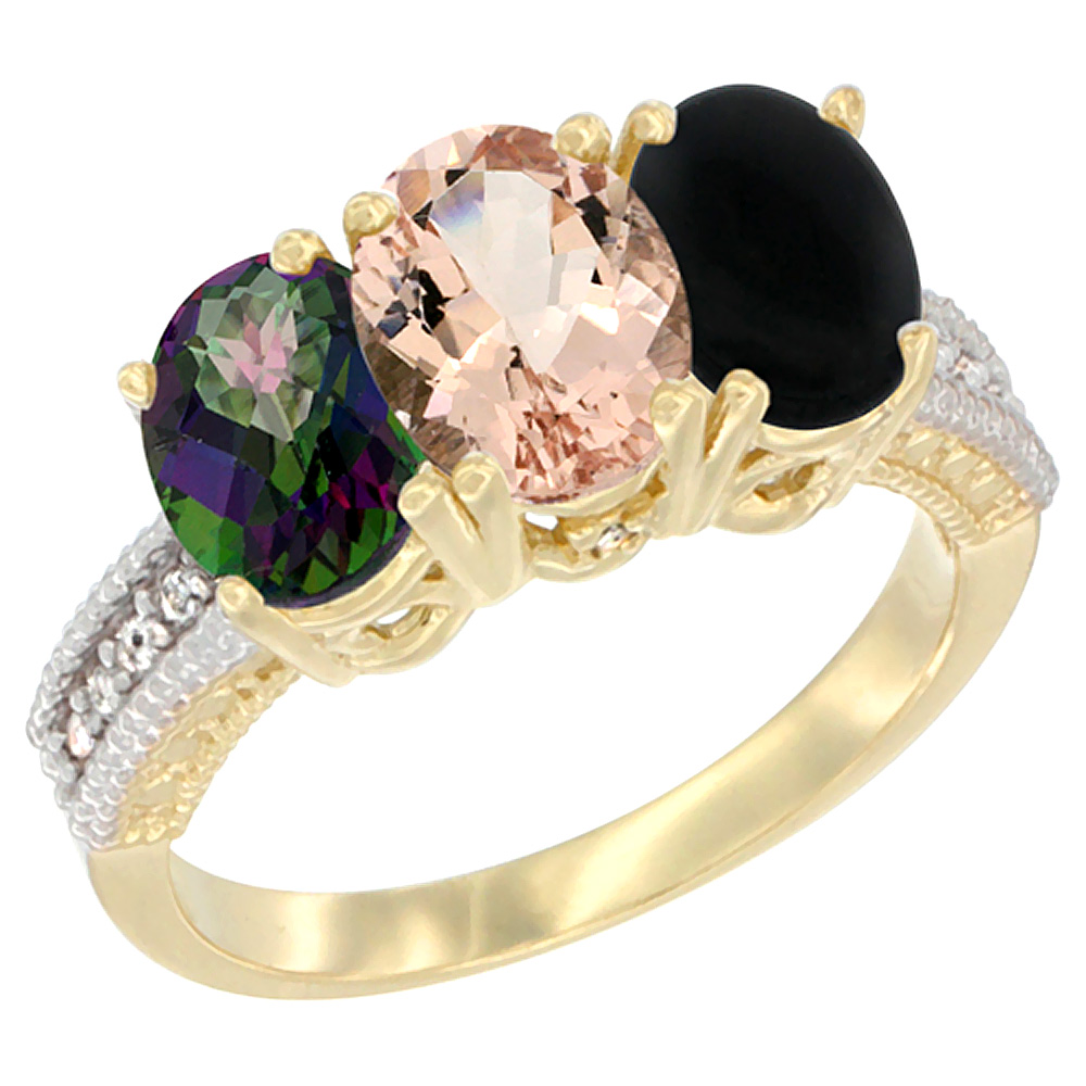 14K Yellow Gold Natural Mystic Topaz, Morganite & Black Onyx Ring 3-Stone 7x5 mm Oval Diamond Accent, sizes 5 - 10