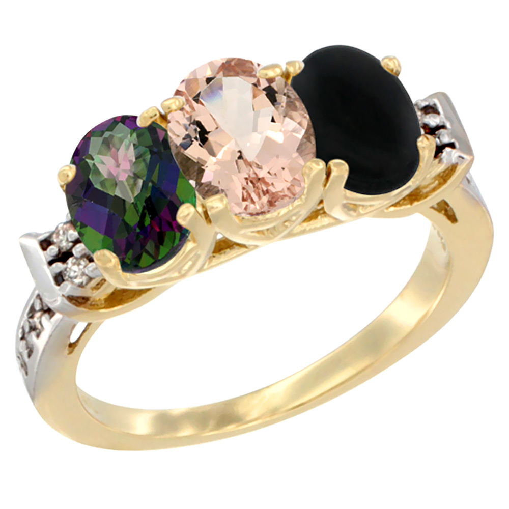 14K Yellow Gold Natural Mystic Topaz, Morganite &amp; Black Onyx Ring 3-Stone Oval 7x5 mm Diamond Accent, sizes 5 - 10