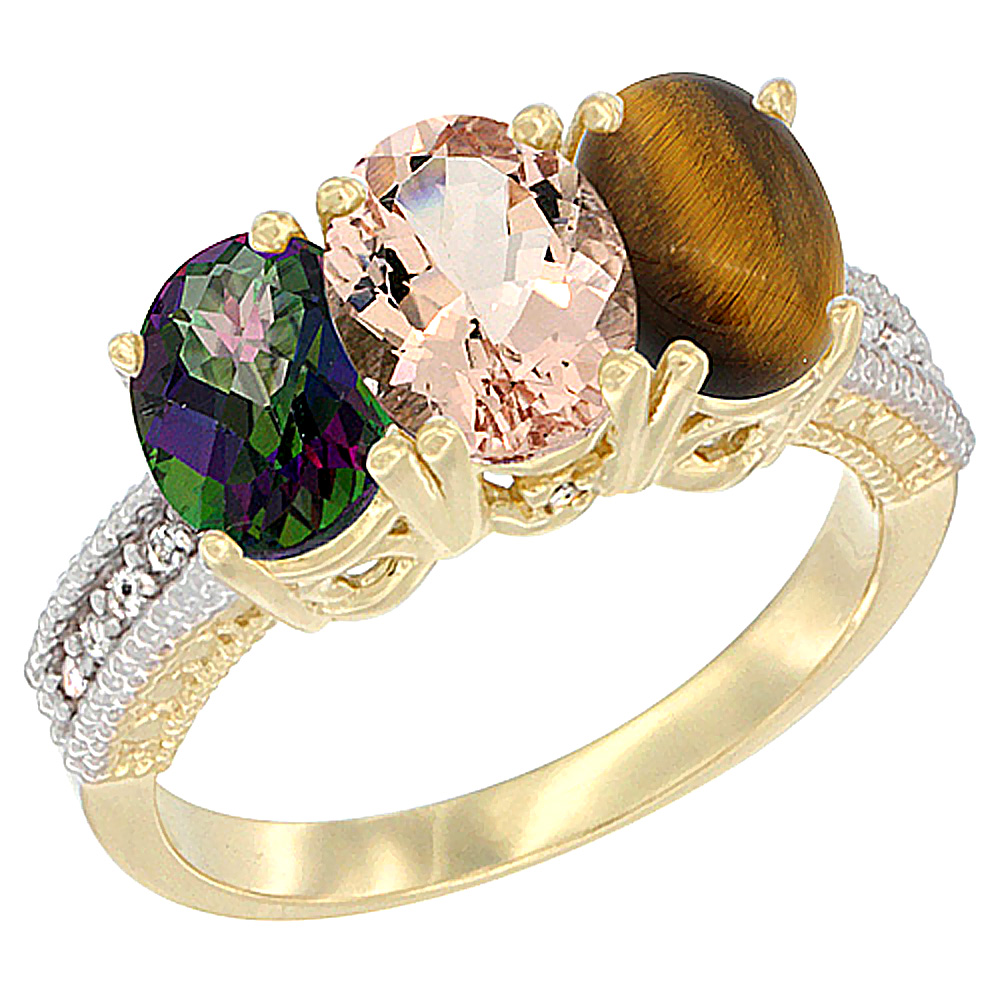 10K Yellow Gold Diamond Natural Mystic Topaz, Morganite & Tiger Eye Ring 3-Stone 7x5 mm Oval, sizes 5 - 10