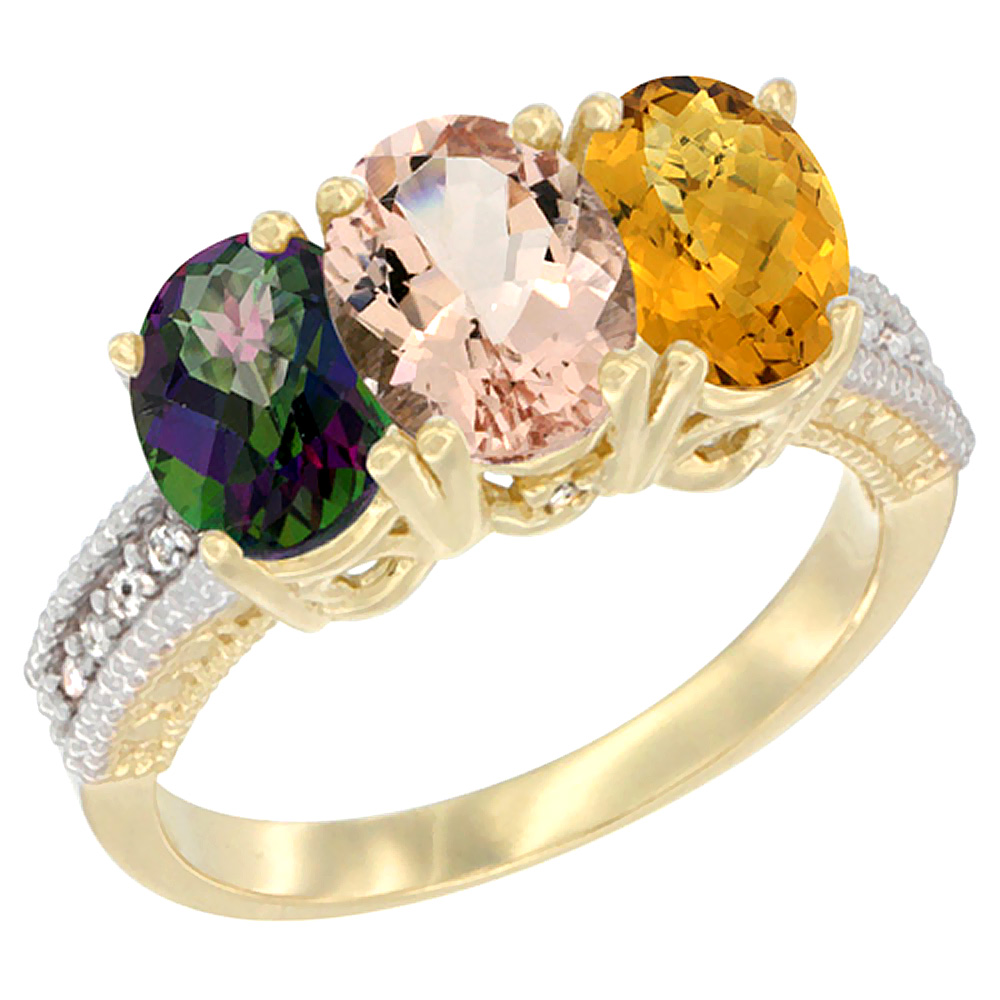 14K Yellow Gold Natural Mystic Topaz, Morganite & Whisky Quartz Ring 3-Stone 7x5 mm Oval Diamond Accent, sizes 5 - 10