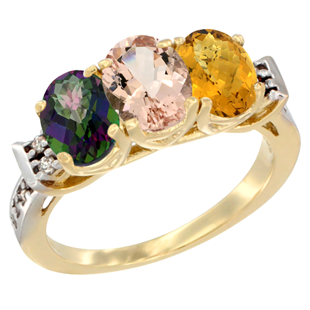 14K Yellow Gold Natural Mystic Topaz, Morganite & Whisky Quartz Ring 3-Stone Oval 7x5 mm Diamond Accent, sizes 5 - 10