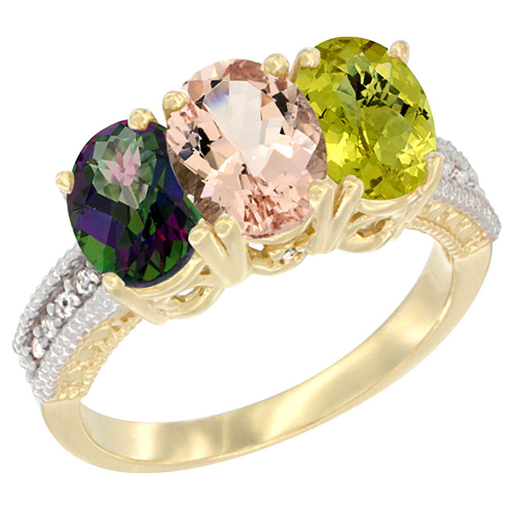 14K Yellow Gold Natural Mystic Topaz, Morganite & Lemon Quartz Ring 3-Stone 7x5 mm Oval Diamond Accent, sizes 5 - 10