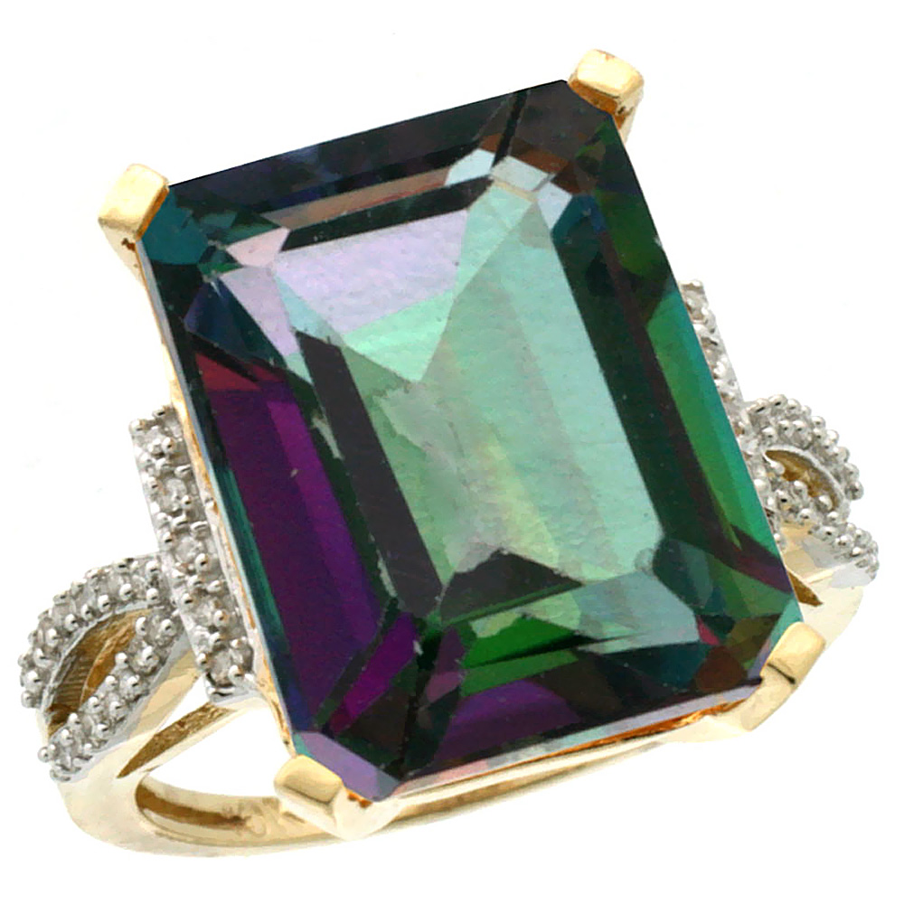 10K Yellow Gold Natural Diamond Mystic Topaz Ring Emerald-cut 16x12mm, sizes 5-10
