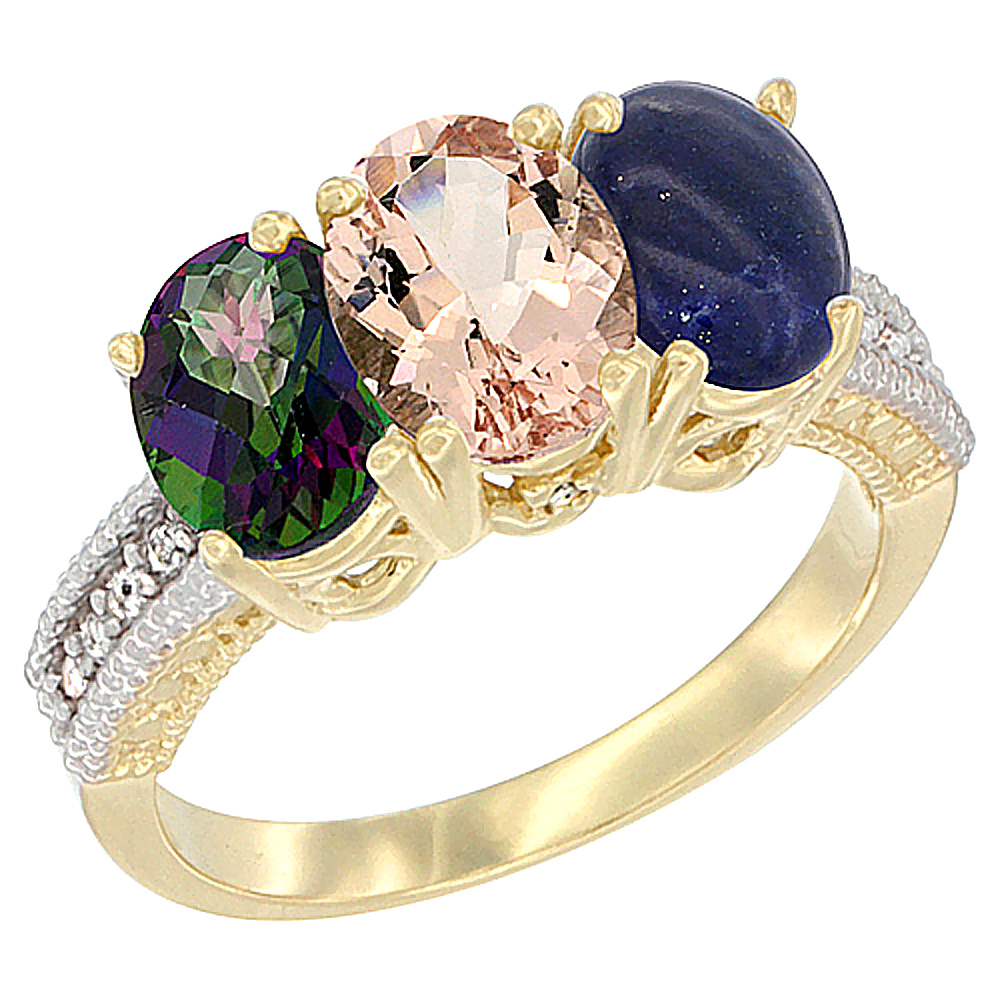 14K Yellow Gold Natural Mystic Topaz, Morganite &amp; Lapis Ring 3-Stone 7x5 mm Oval Diamond Accent, sizes 5 - 10