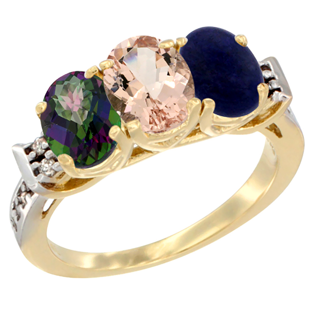 14K Yellow Gold Natural Mystic Topaz, Morganite & Lapis Ring 3-Stone Oval 7x5 mm Diamond Accent, sizes 5 - 10