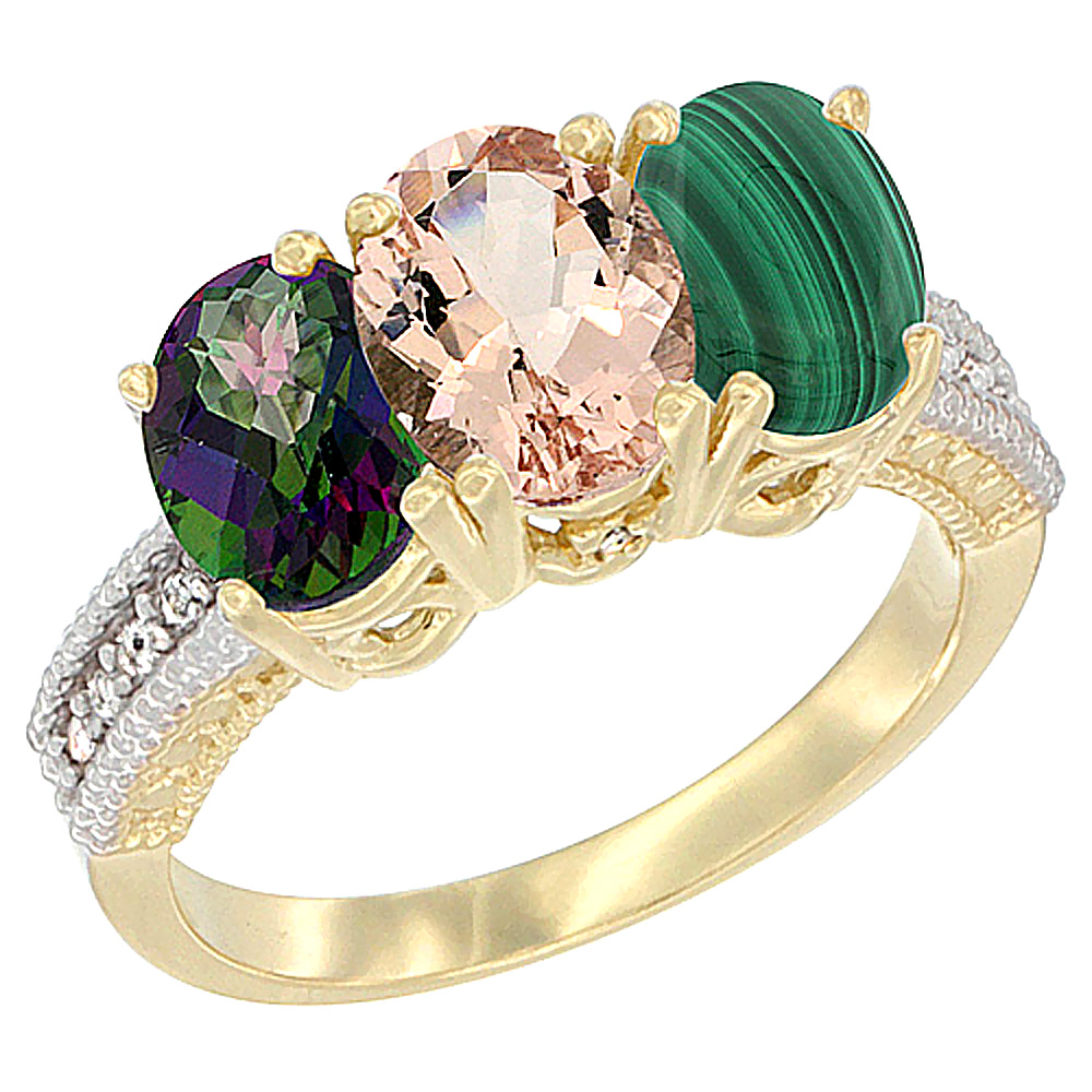 14K Yellow Gold Natural Mystic Topaz, Morganite & Malachite Ring 3-Stone 7x5 mm Oval Diamond Accent, sizes 5 - 10