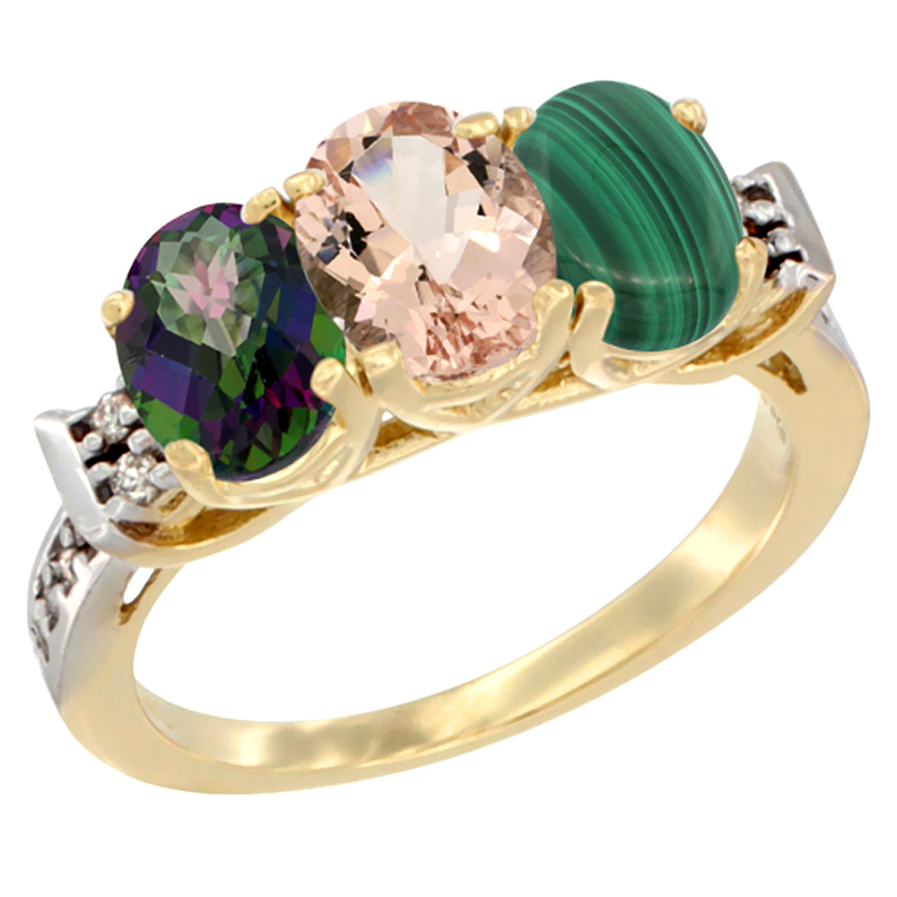 14K Yellow Gold Natural Mystic Topaz, Morganite & Malachite Ring 3-Stone Oval 7x5 mm Diamond Accent, sizes 5 - 10