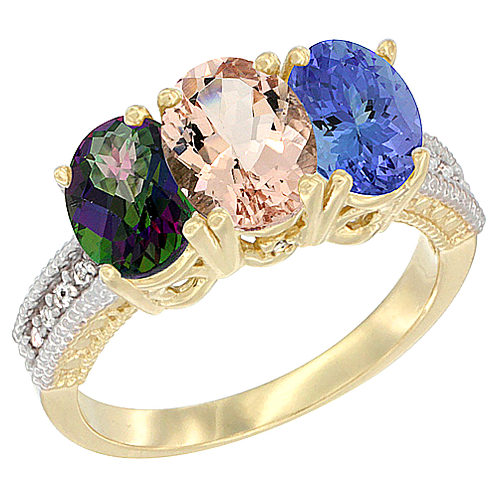 14K Yellow Gold Natural Mystic Topaz, Morganite &amp; Tanzanite Ring 3-Stone 7x5 mm Oval Diamond Accent, sizes 5 - 10