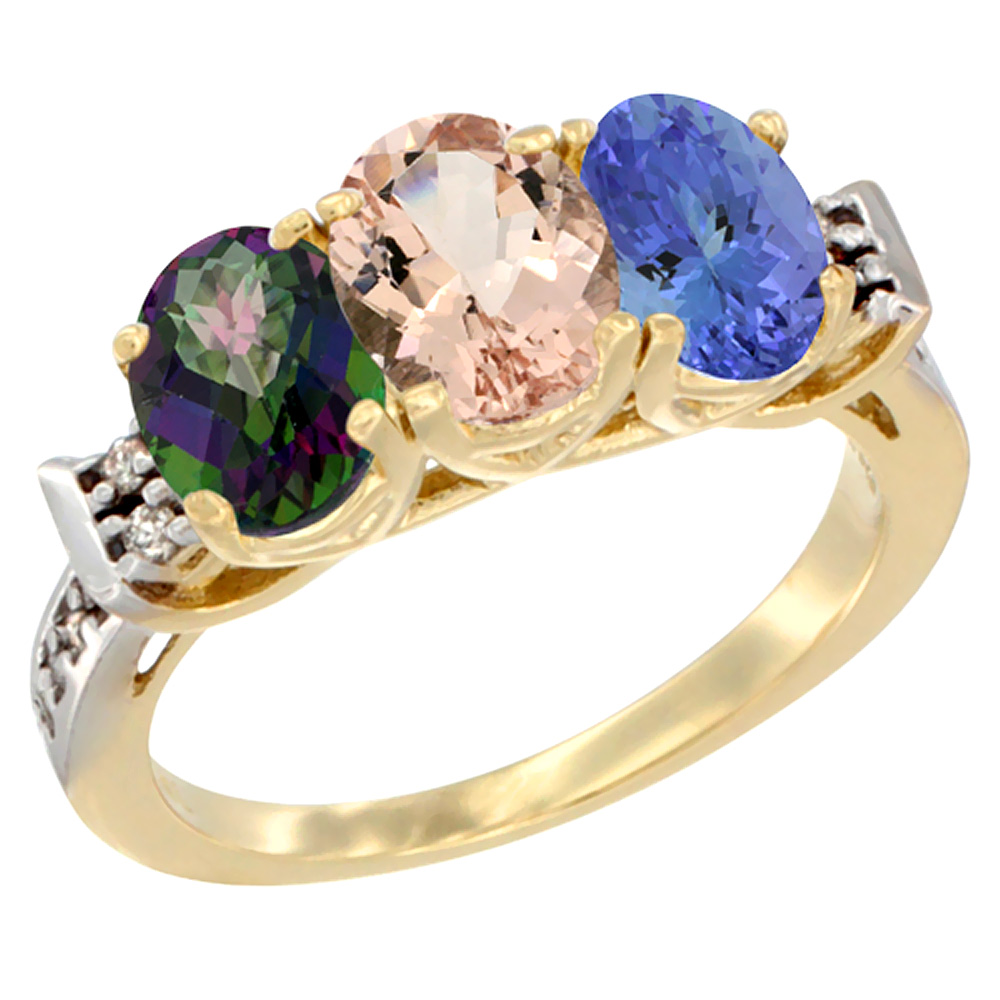 14K Yellow Gold Natural Mystic Topaz, Morganite &amp; Tanzanite Ring 3-Stone Oval 7x5 mm Diamond Accent, sizes 5 - 10